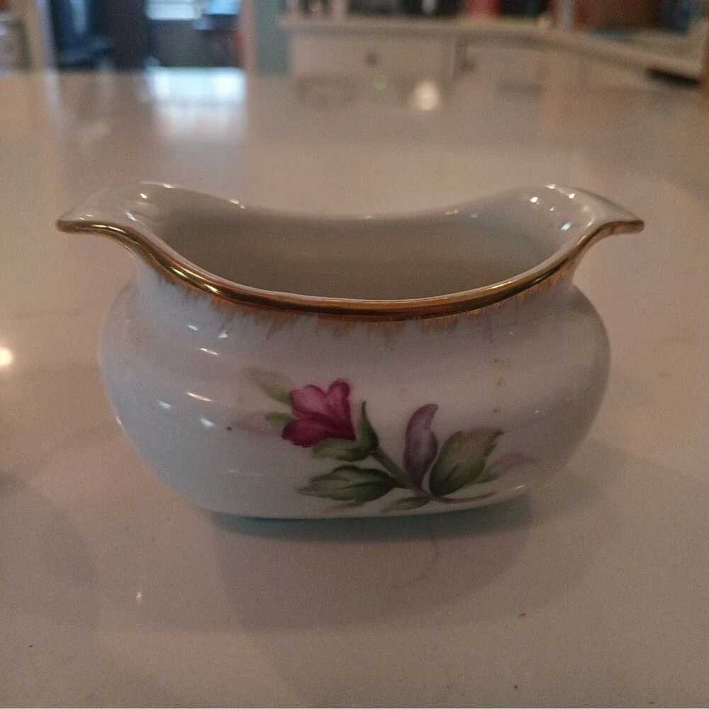 Vintage Lefton China Sugar Bowl & Creamer Hand Painted Gold Trim Tea Rose